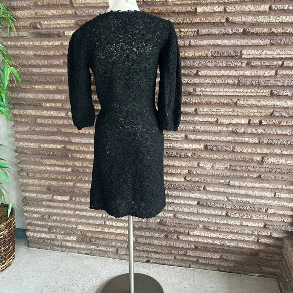 Vintage Black Boucle Handknit Dress Rhinestone Ribbon Detail - Picture 3 of 10